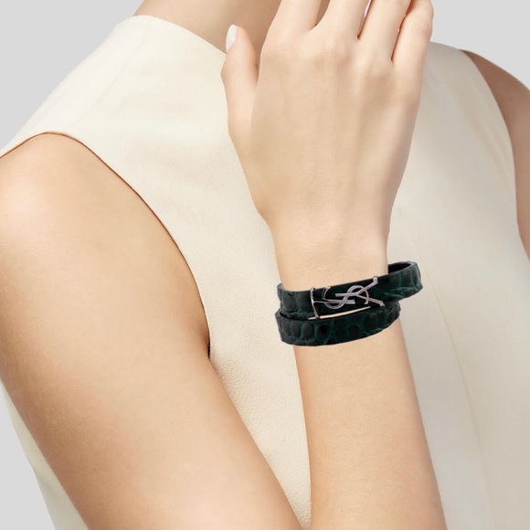 YSL Saint Laurent leather double crocodile wrap bracelet - Picture 3 of 5